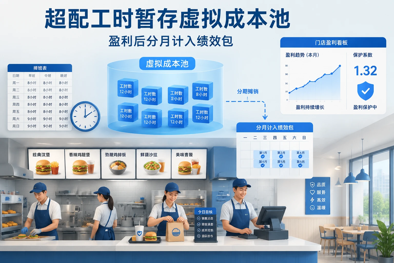 2026年连锁餐饮新店爬坡期超配工时虚拟成本池与绩效摊销表