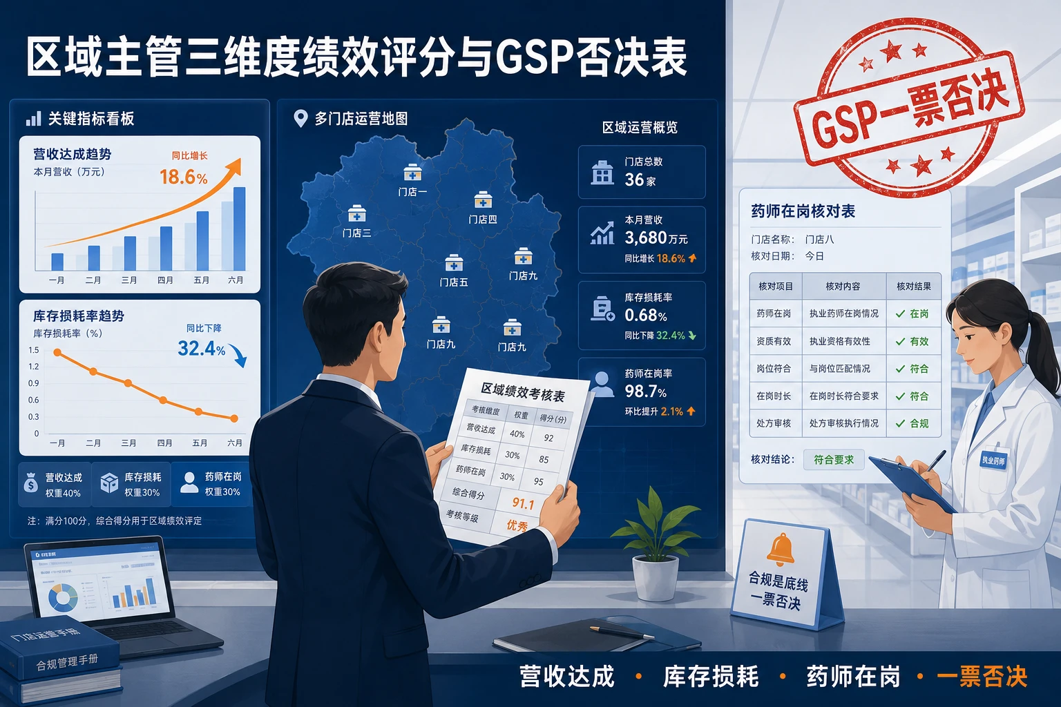 连锁药店区域主管三维度绩效评分与GSP否决表
