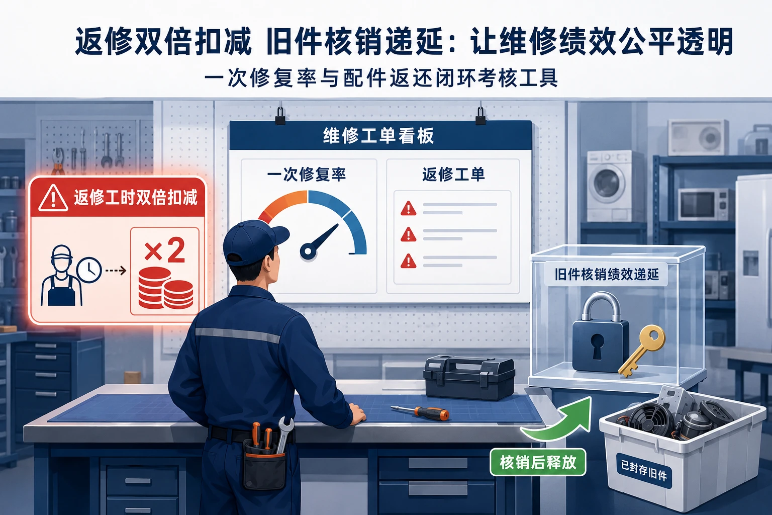 家电售后维修技师返修双倍扣减与旧件核销绩效递延表