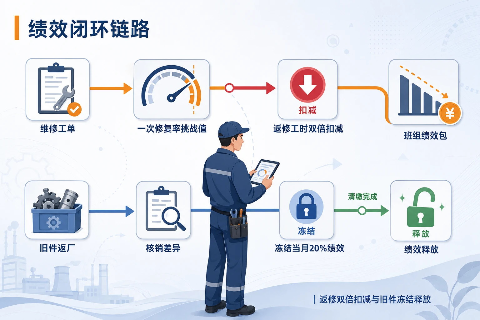 家电售后维修技师返修双倍扣减与旧件核销绩效递延表