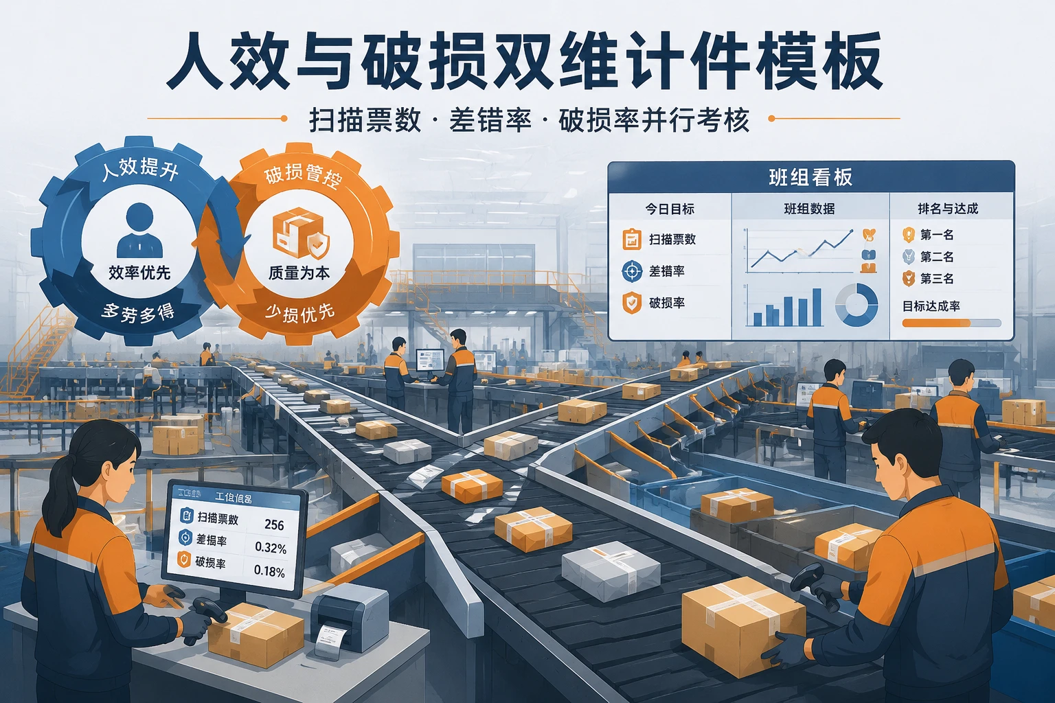 分拨中心班组人效与破损双维计件工资模板