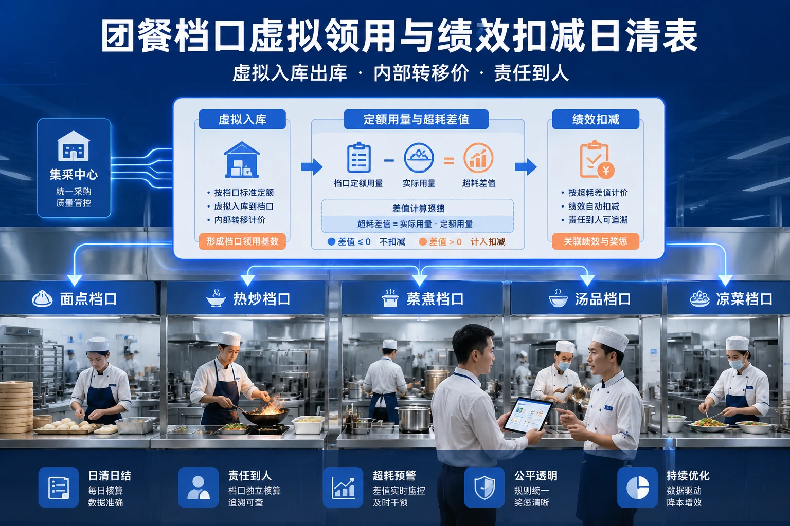 团餐档口原料虚拟领用与超定额损耗绩效扣减日清表