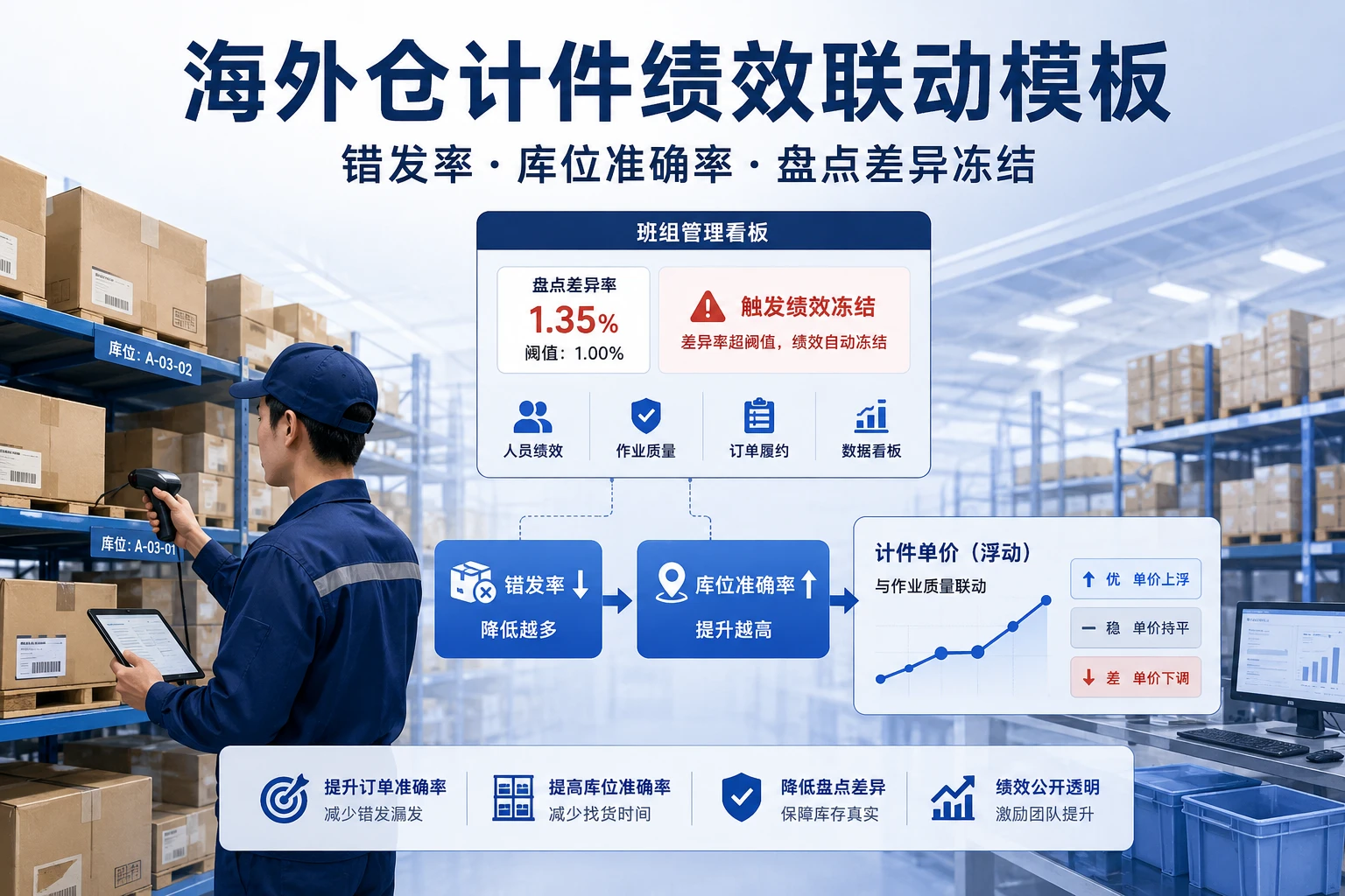 海外仓计件绩效联动模板：错发率、库位准确率与盘点差异冻结