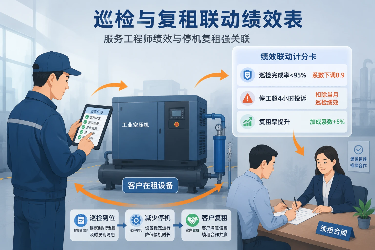 设备租赁工程师巡检与复租联动绩效表