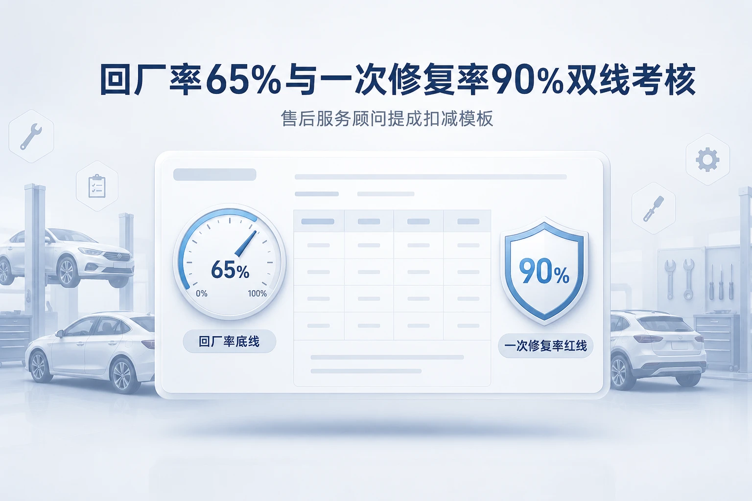 售后服务顾问提成扣减模板:回厂率65%与一次修复率90%双线考核(2026年版)