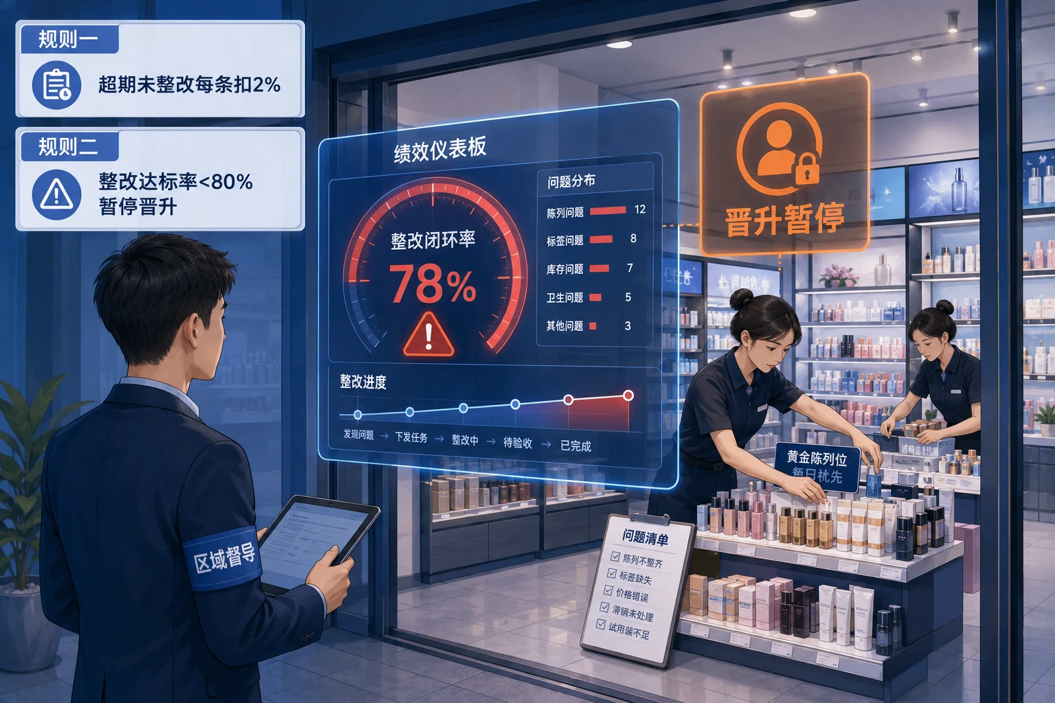 2026年美妆集合店区域督导巡检整改闭环绩效递延与晋升联动规则