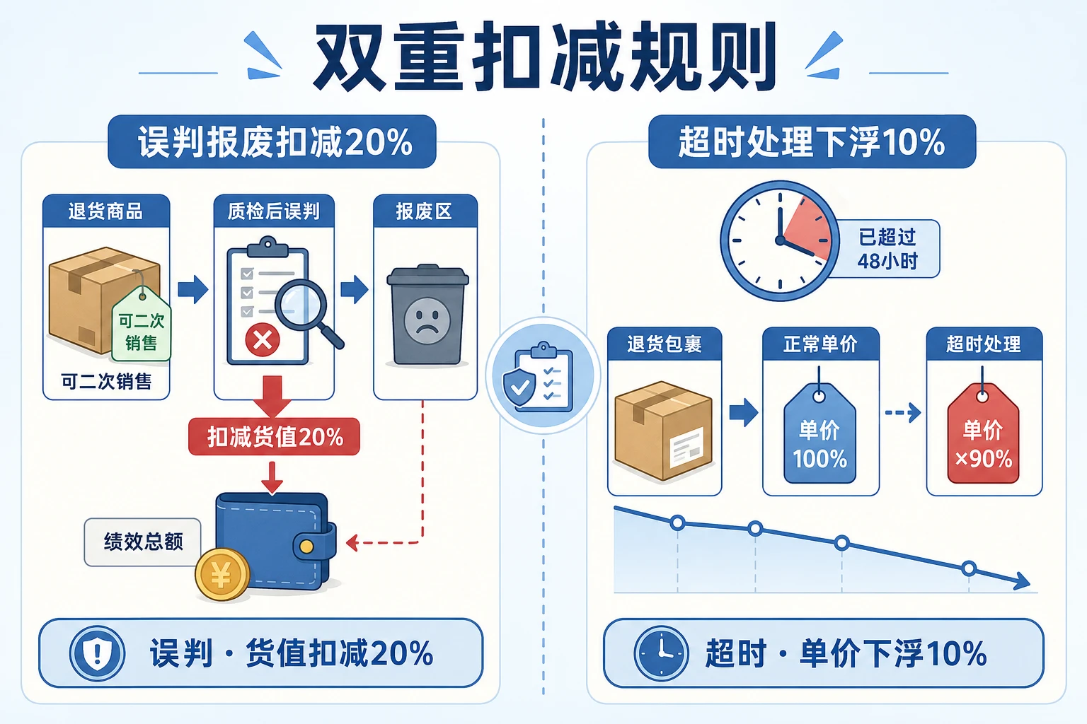 退货质检误判货值扣减20%与超时下浮10%考核表(2026年版)