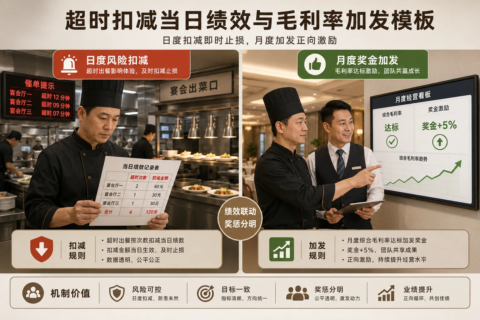 2026年连锁正餐宴会门店厨房主管超时扣减当日绩效与毛利率加发模板