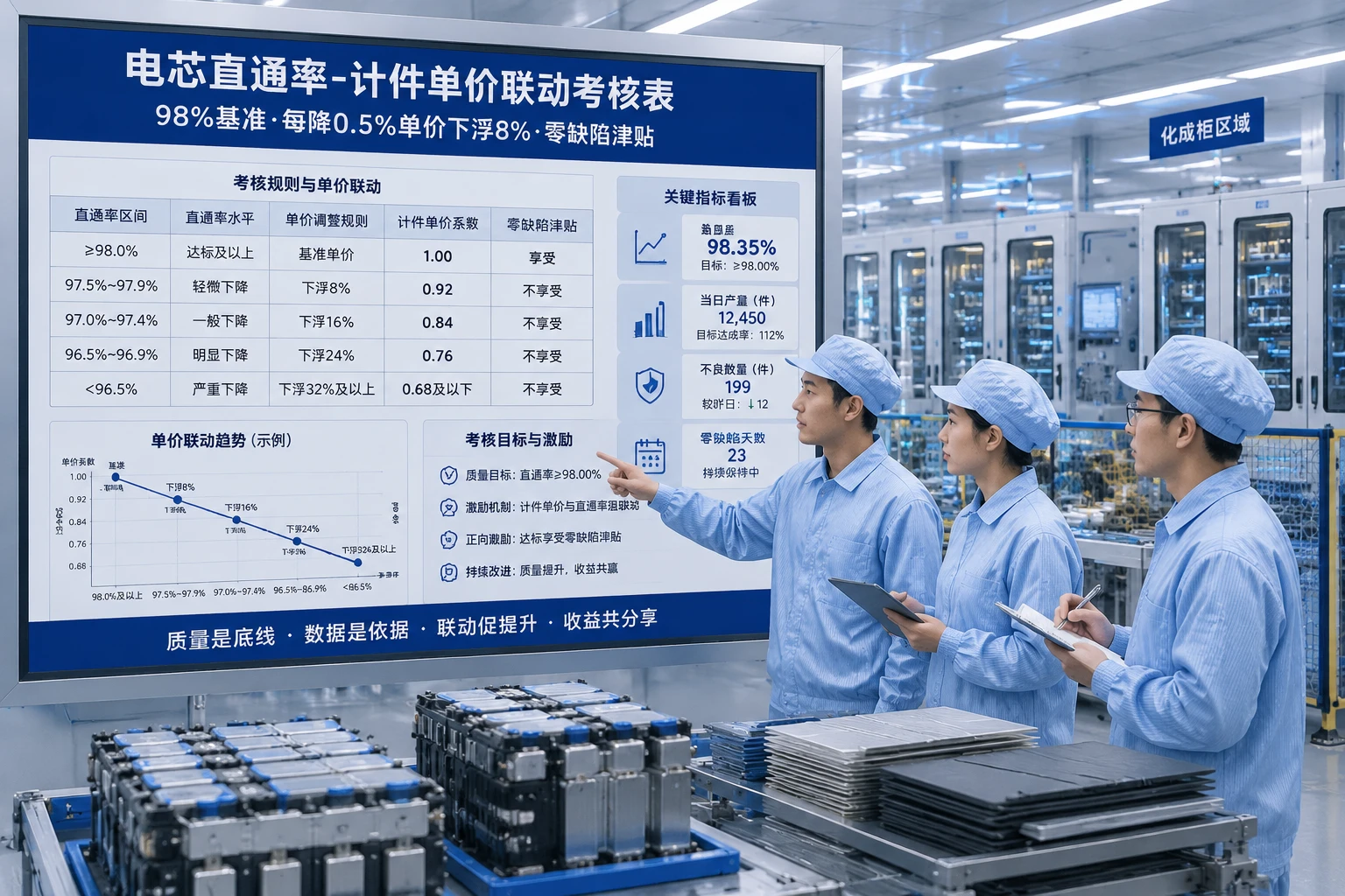 动力电池电芯直通率-计件单价表:98%下浮与零缺陷津贴(2026年版)