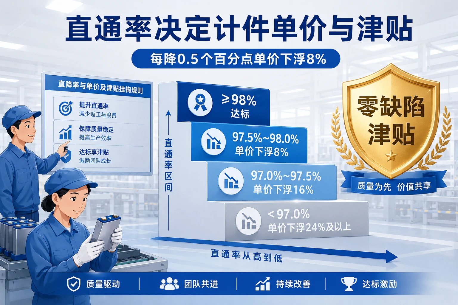 动力电池电芯直通率-计件单价表:98%下浮与零缺陷津贴(2026年版)