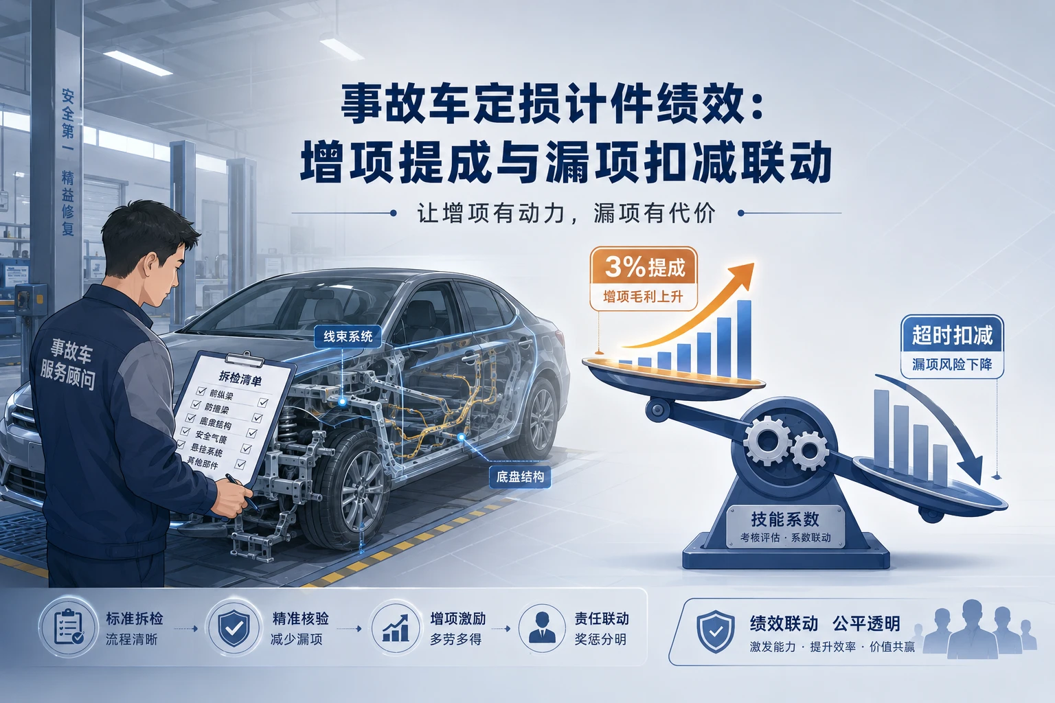 2026年事故车定损计件绩效:增项毛利3%提成与漏项扣减规则