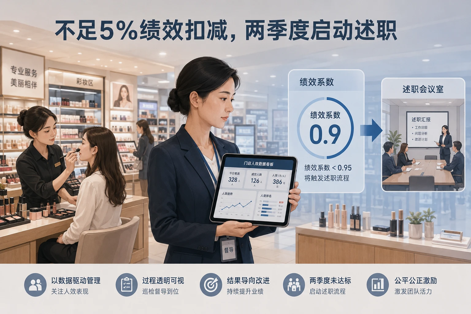 美妆集合店督导人效考核：不足5%绩效扣减，两季度启动述职