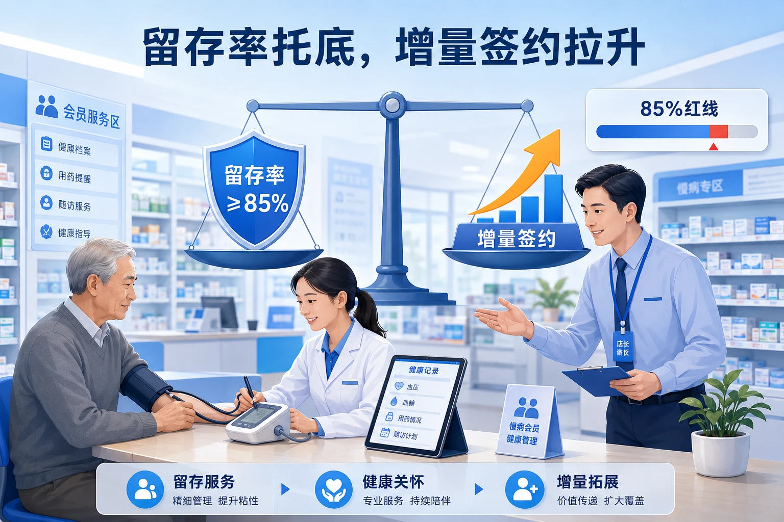 连锁药店区域慢病经理季度绩效双挂钩：会员留存率与增量签约考核方案