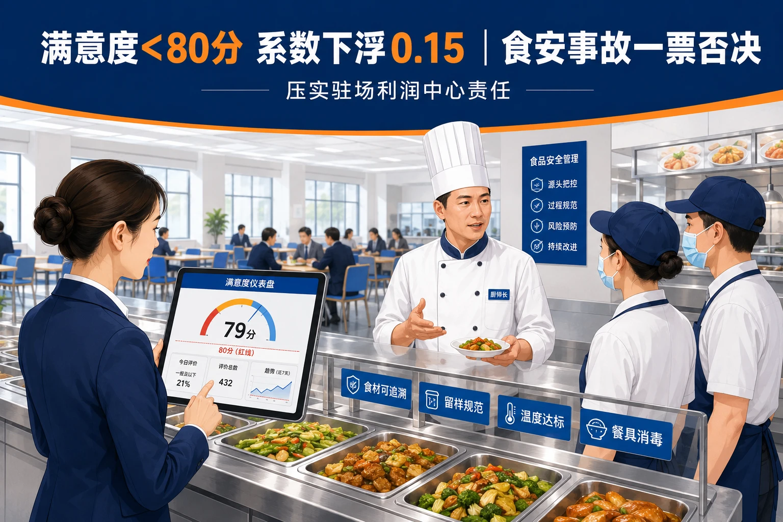 2026年团餐驻场经理绩效考核:满意度低于80分下浮0.15,食安事故清零