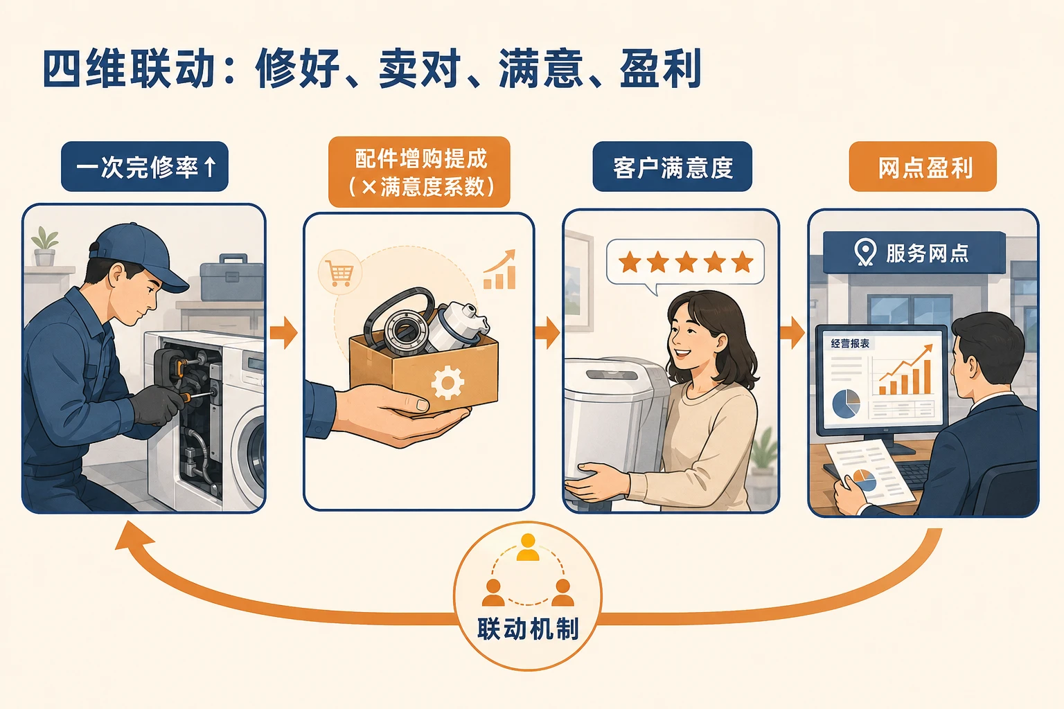 2026年一次完修率联动配件增购与网点绩效模板(家电售后版)