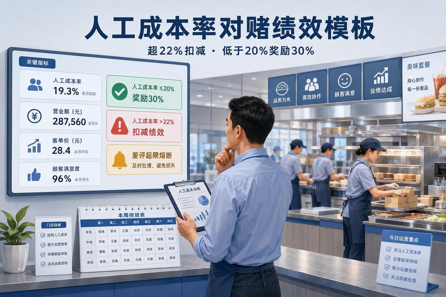 连锁快餐店长人工成本率对赌绩效模板:超22%扣减、低于20%奖励30%