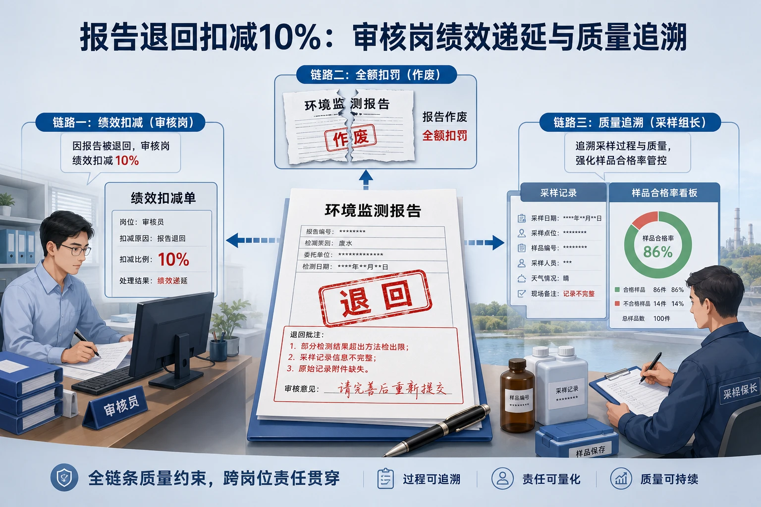 环境监测审核岗绩效递延:报告退回扣减10%与项目组长质量追溯(2026年版)