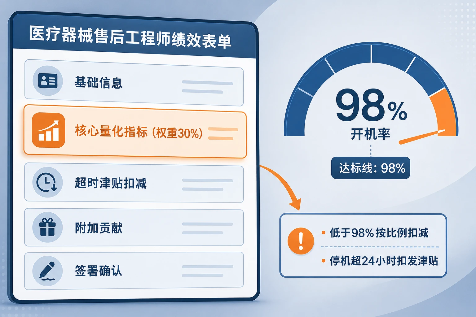 医疗器械售后工程师绩效表:开机率98%挂钩与超时津贴扣减(2026年版)