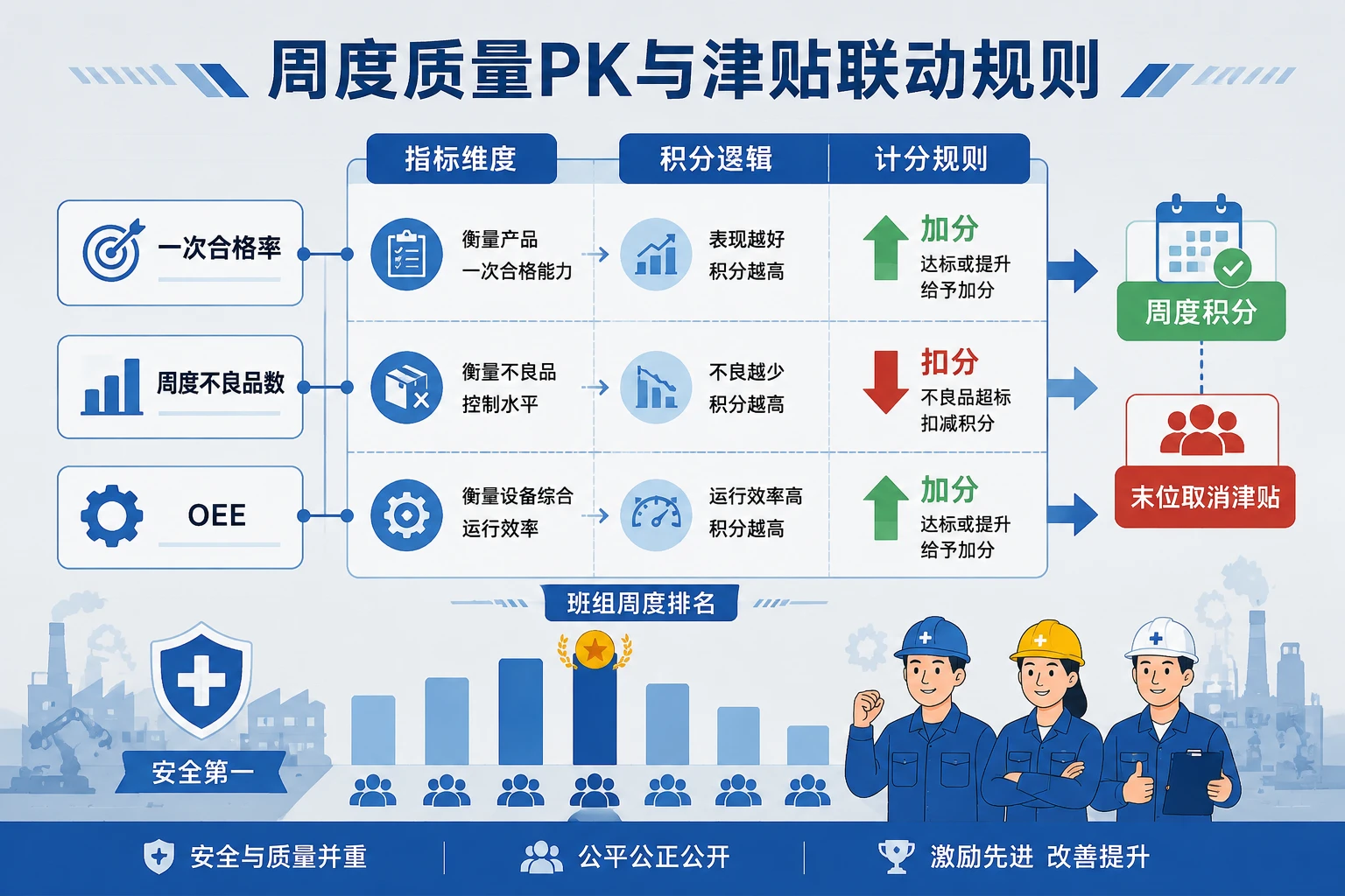班组长安全质量联考:周度不良品PK积分与末位取消津贴模板