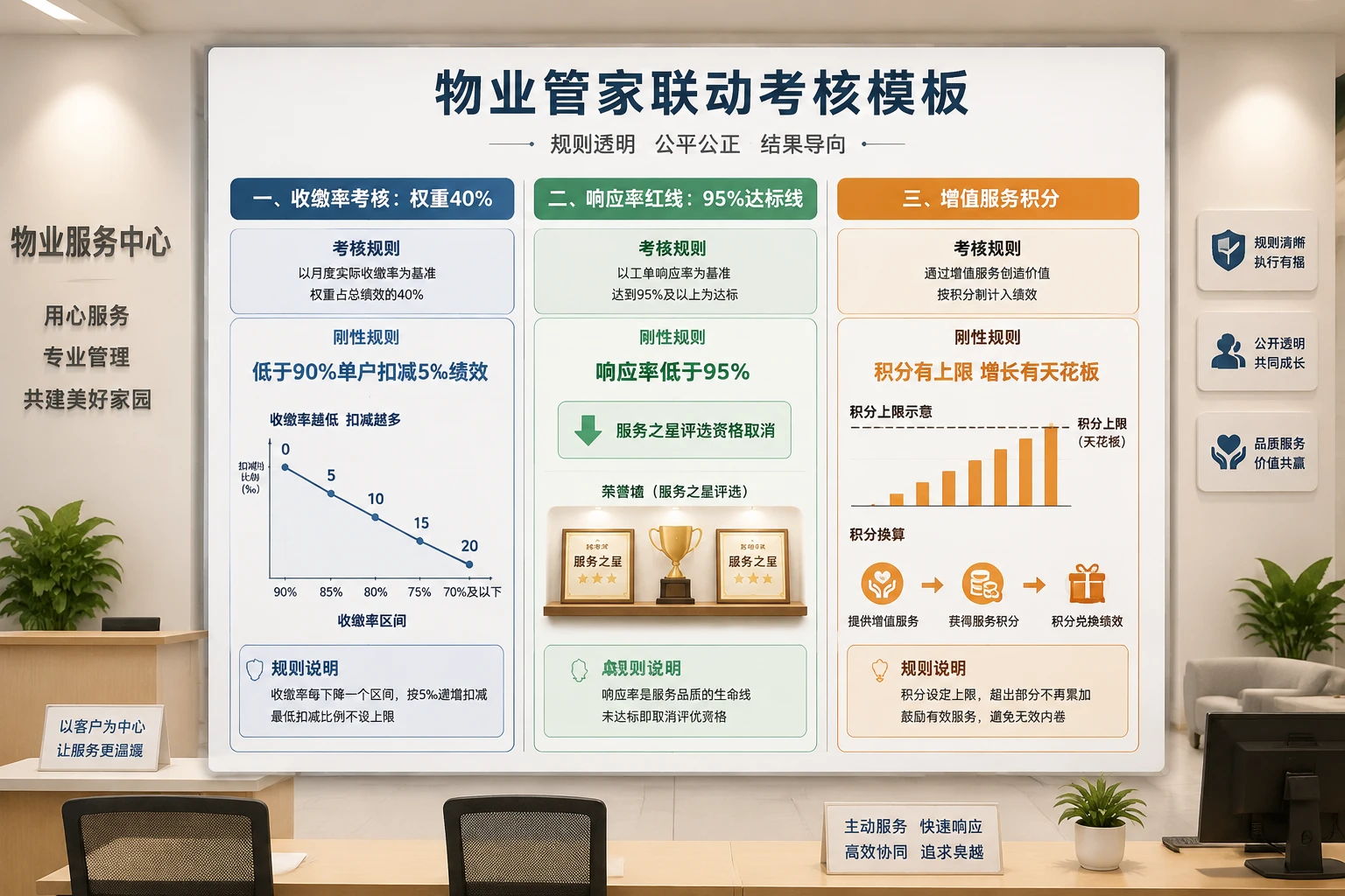 物业客服管家收缴增值联考表：按户扣减5‰与响应率红线取消评选