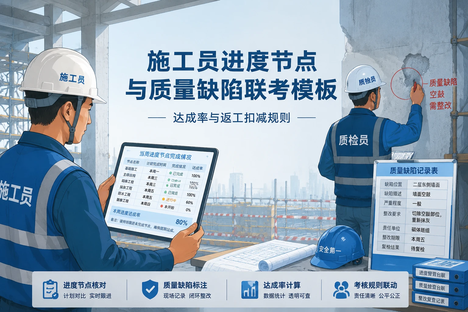 2026年施工员进度节点与质量缺陷联考模板：达成率与返工扣减规则