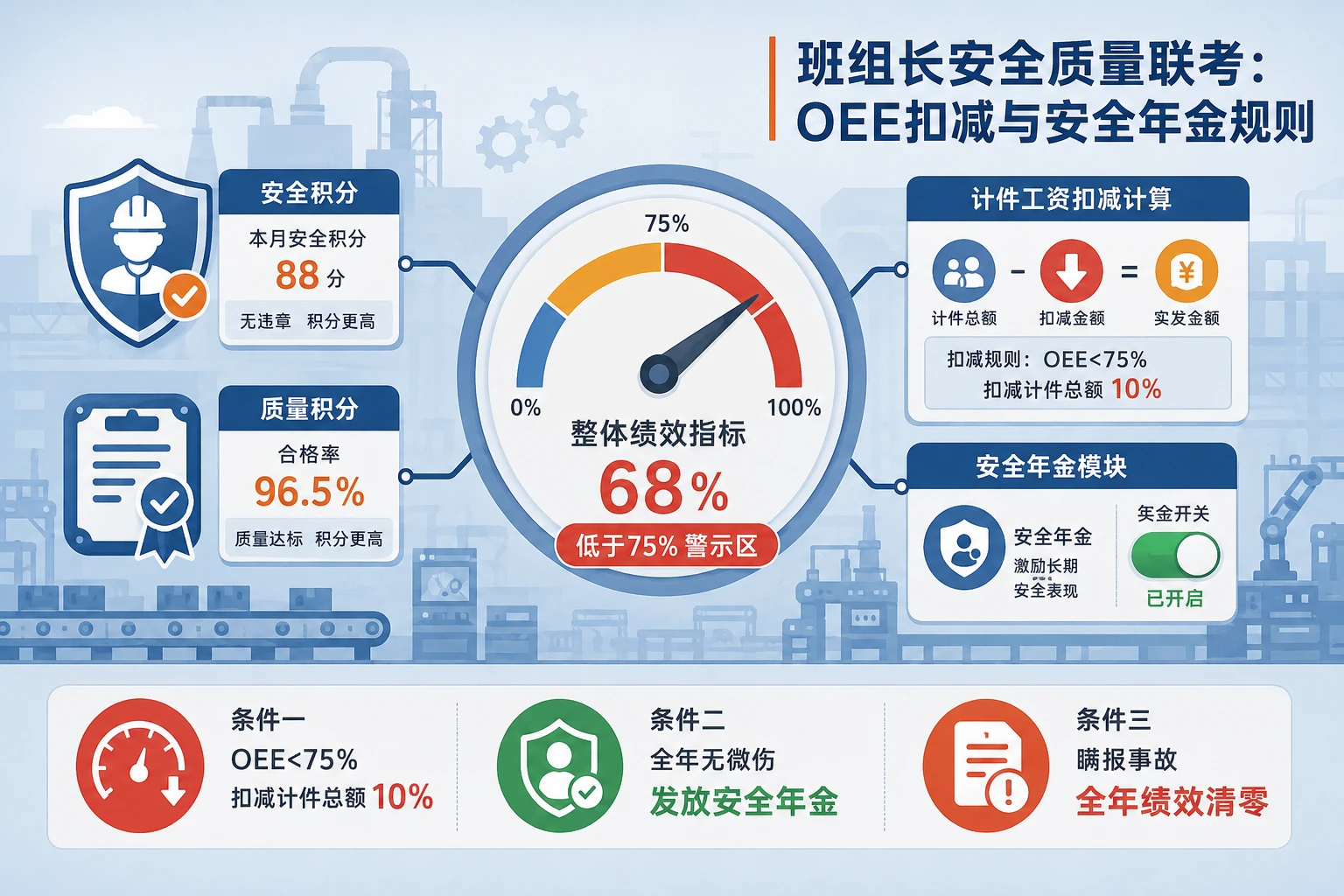 PCB车间班组长安全质量联考模板：OEE低于75%扣减、安全年金与瞒报清零规则（2026年版）