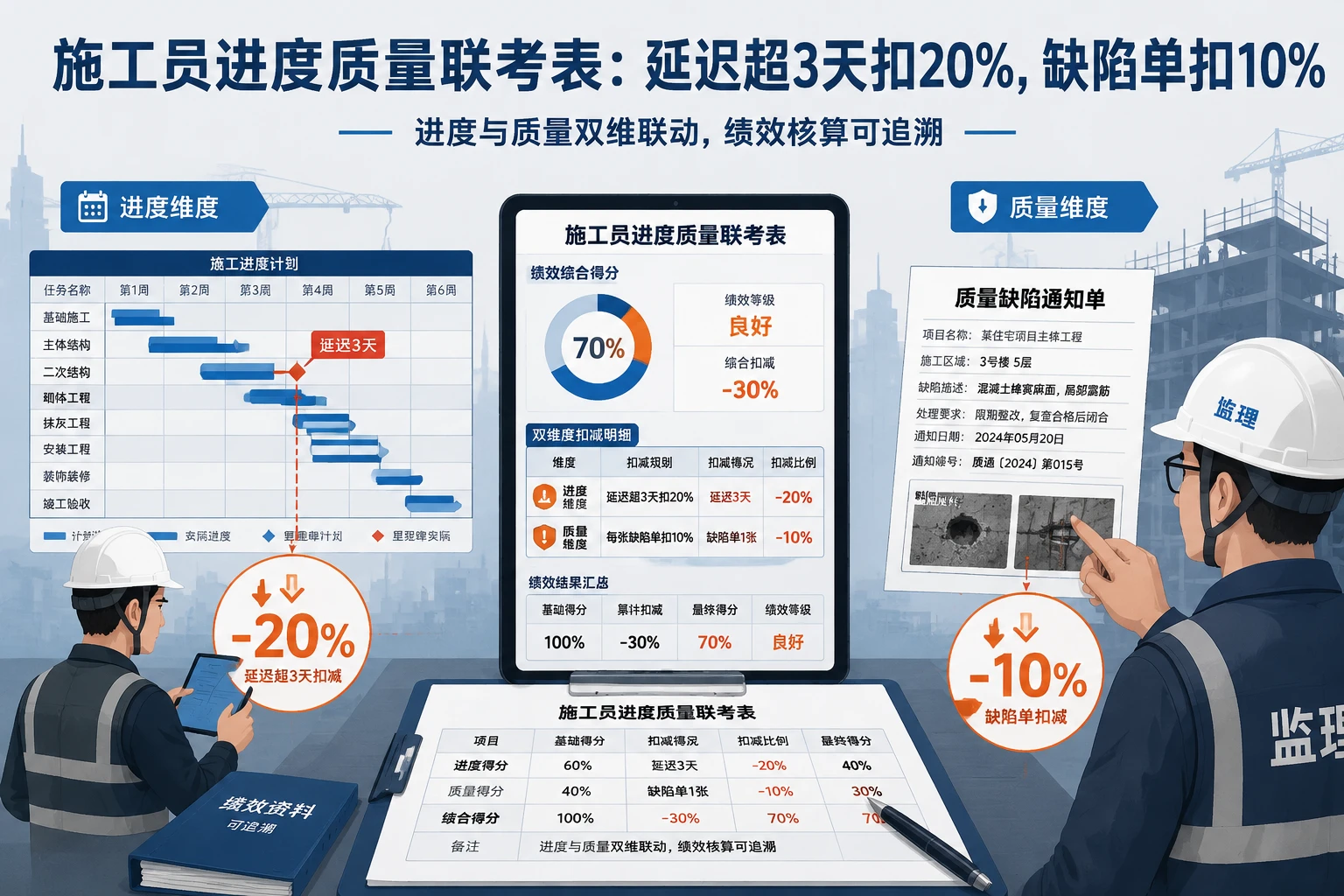 施工员进度质量联考表：延迟超3天扣20%，缺陷单扣10%