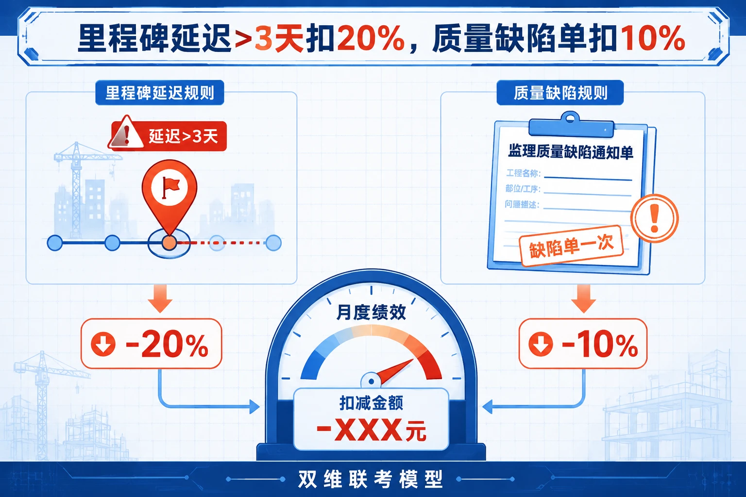 施工员进度质量联考表：延迟超3天扣20%，缺陷单扣10%