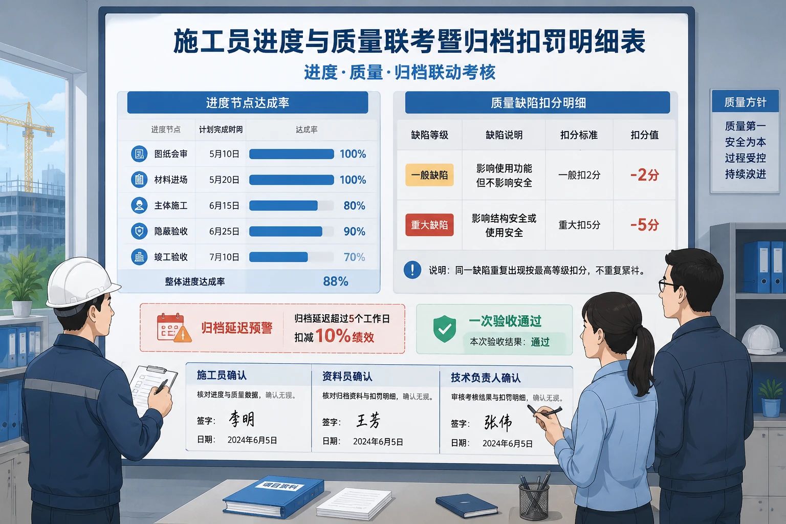 施工员进度节点与质量缺陷联考暨归档扣减明细表