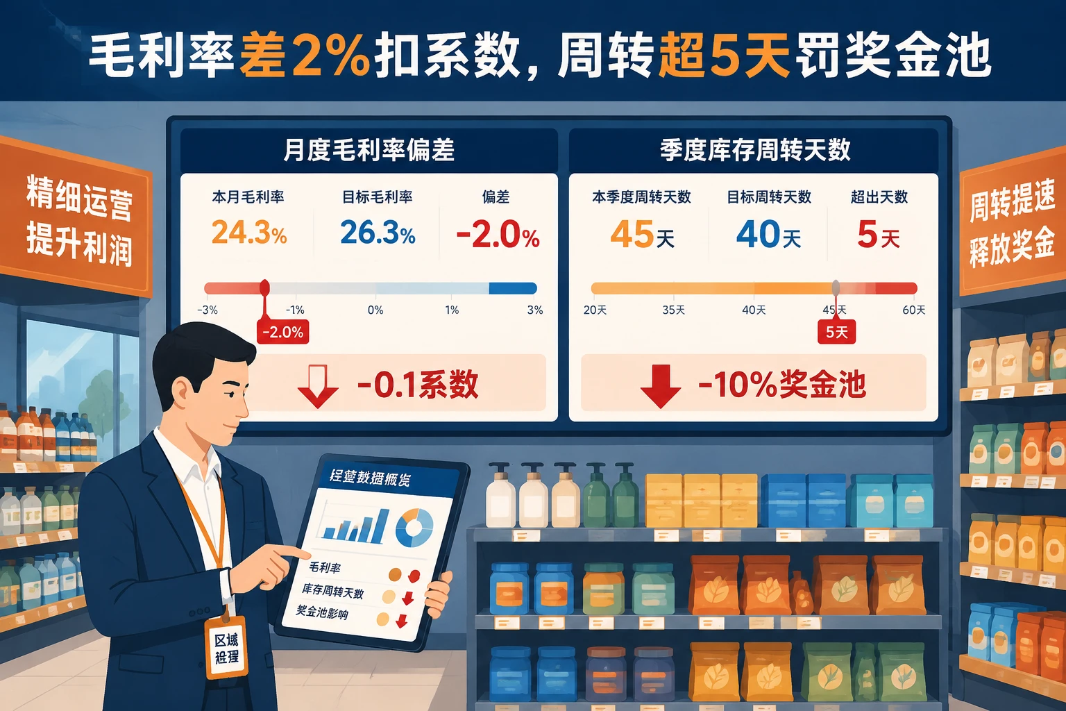 2026年连锁零售区域经理双扣减考核模板：毛利率差2%扣系数，周转超5天罚奖金池