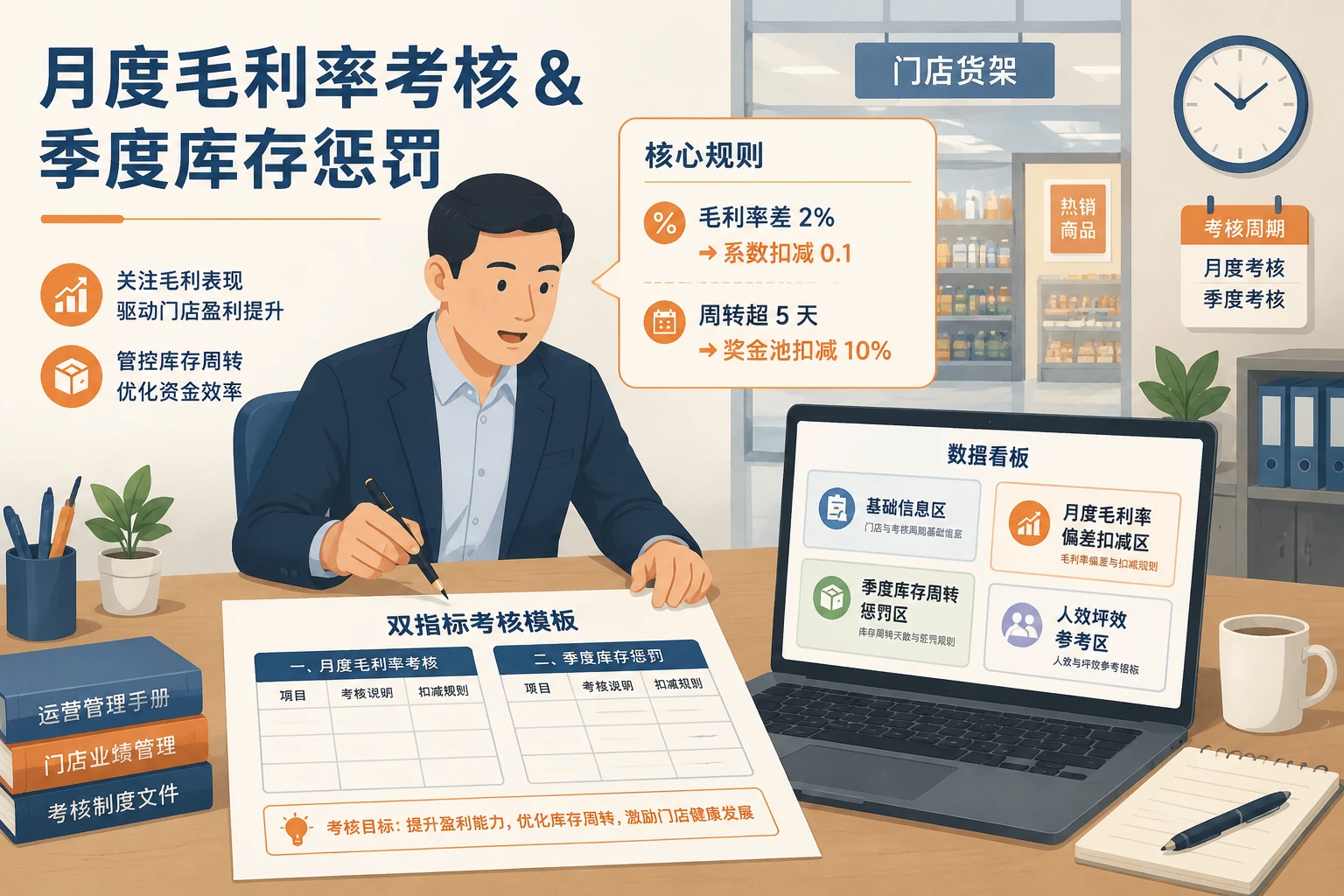 2026年连锁零售区域经理双扣减考核模板：毛利率差2%扣系数，周转超5天罚奖金池