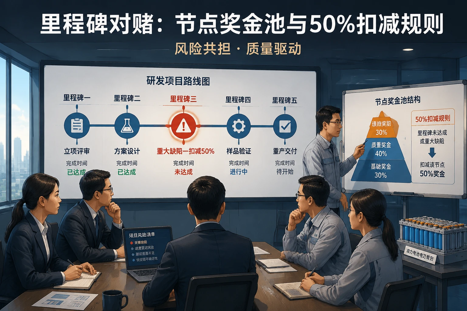 2026年动力电池研发里程碑对赌：节点奖金池与50%扣减规则
