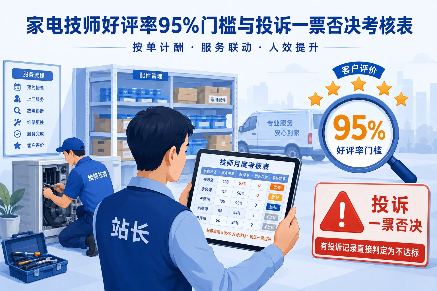 2026年家电技师好评率95%门槛与投诉一票否决考核表