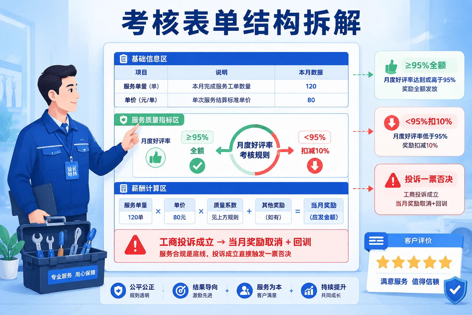 2026年家电技师好评率95%门槛与投诉一票否决考核表