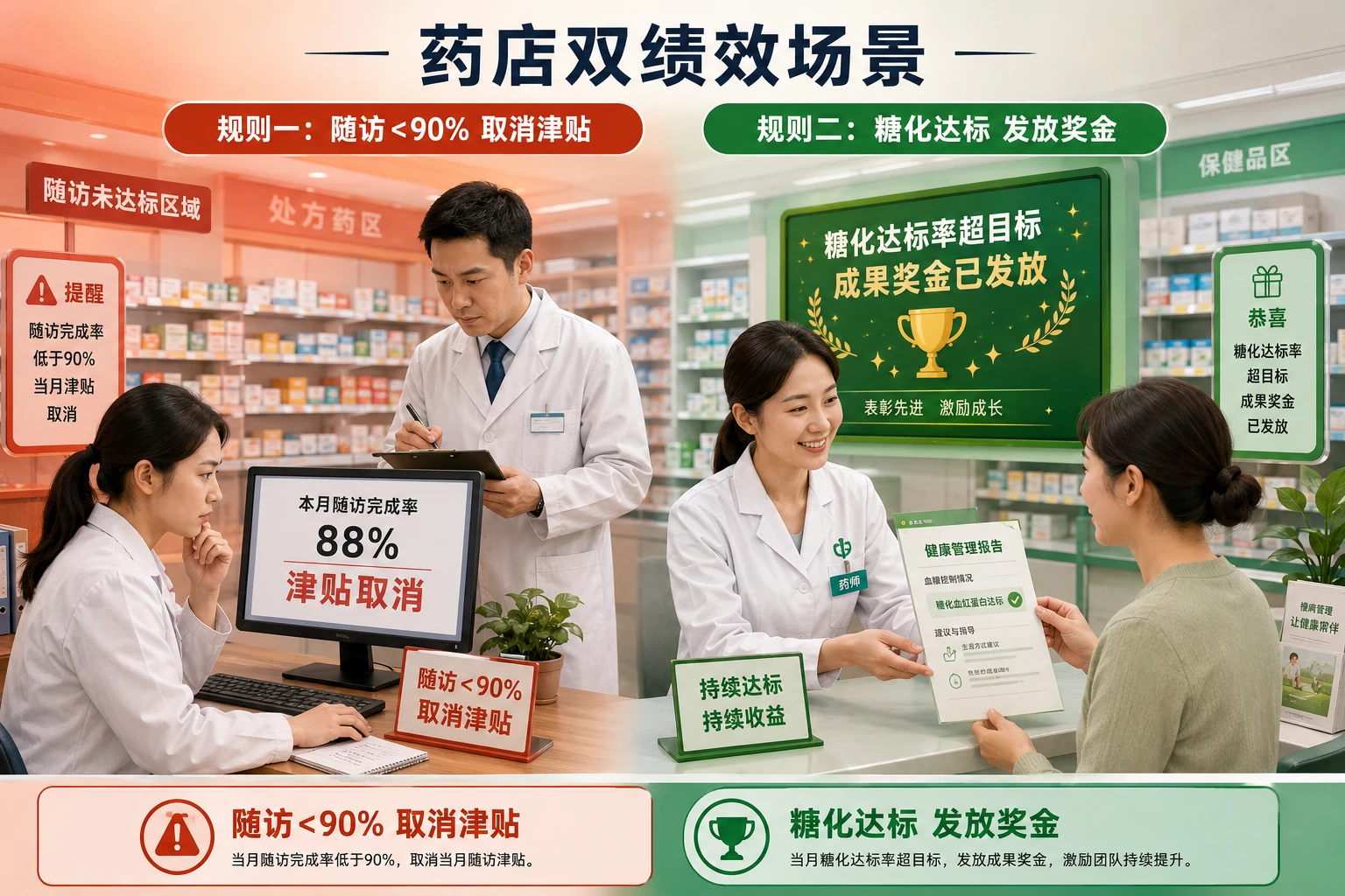 2026年连锁药店店长慢病绩效双挂钩：随访<90%扣津贴，糖化达标发奖金