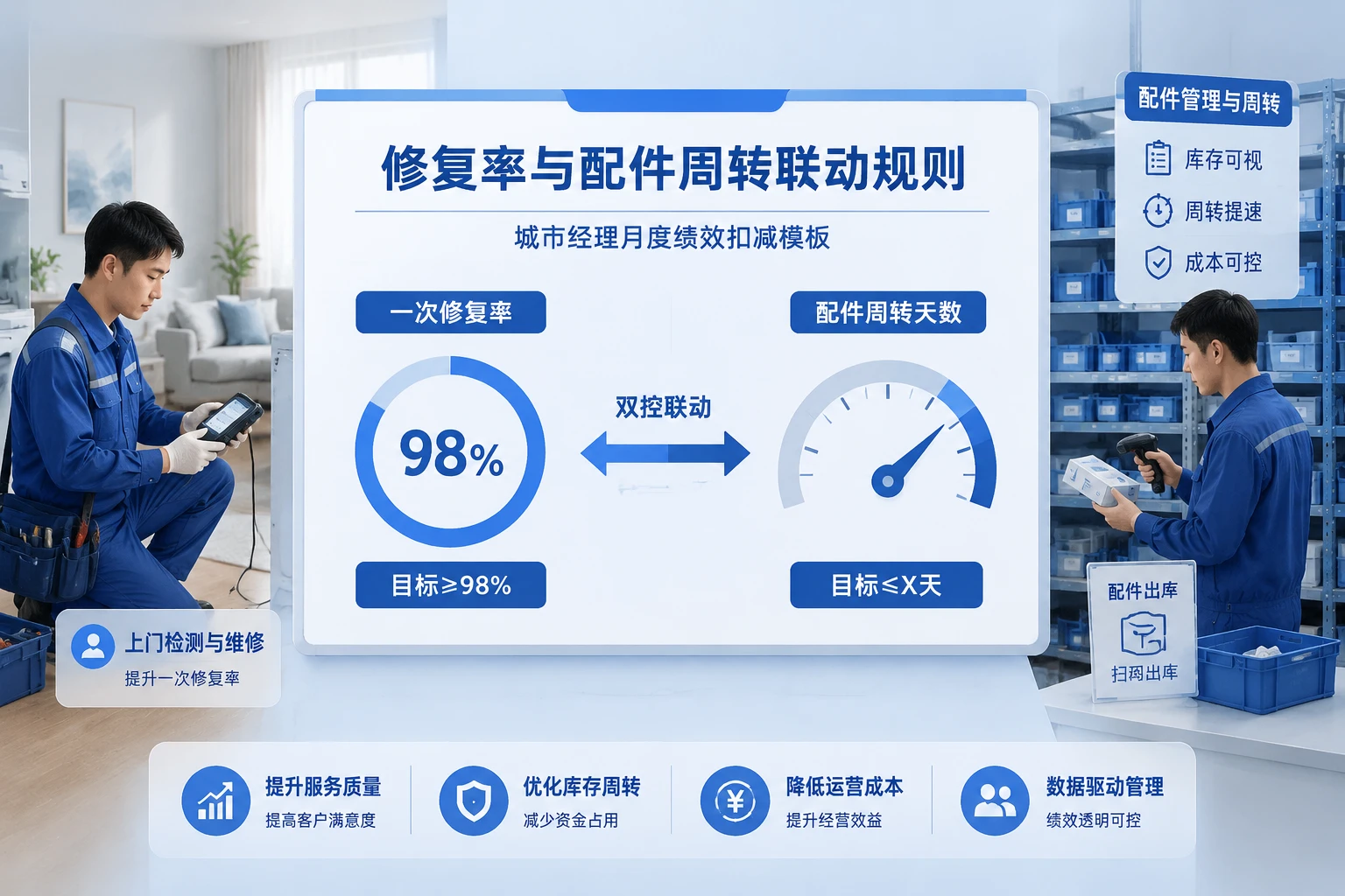 家电售后城市经理绩效扣减模板：修复率与配件周转联动规则
