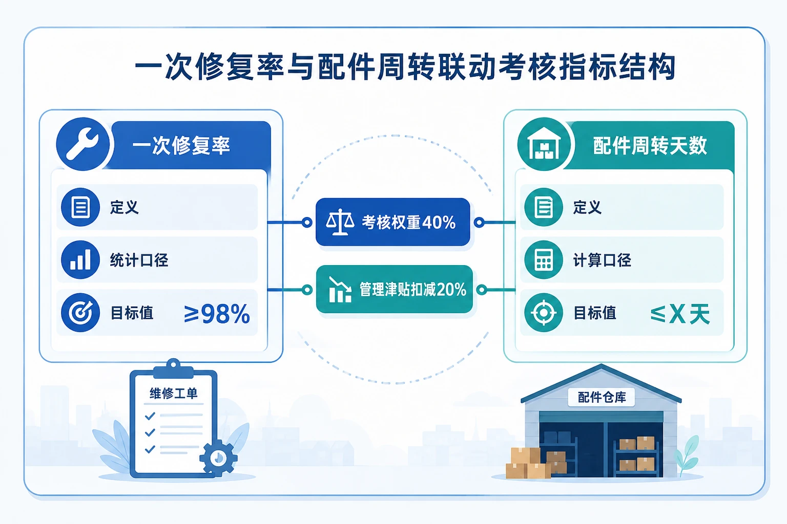 家电售后城市经理绩效扣减模板：修复率与配件周转联动规则
