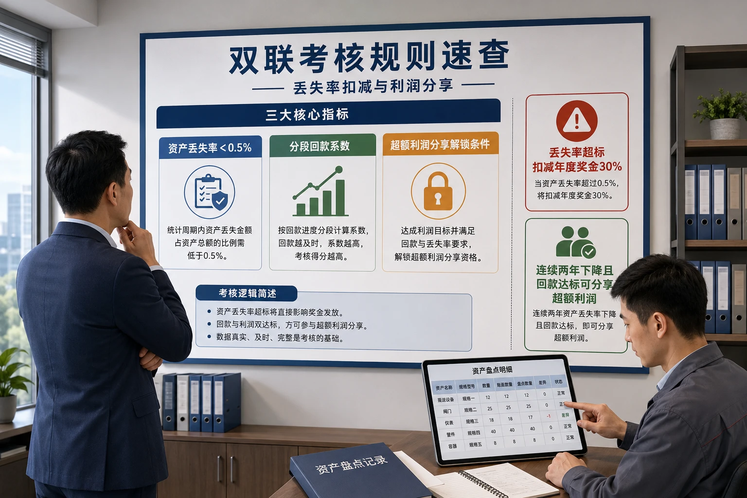 设备租赁区域经理双联考核表：资产丢失率扣减与回款超额分享规则（2026年版）