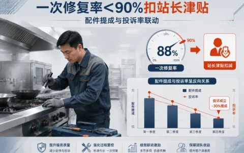 商用厨电售后绩效联动：一次修复率<90%扣减站长津贴，配件提成与投诉率挂钩