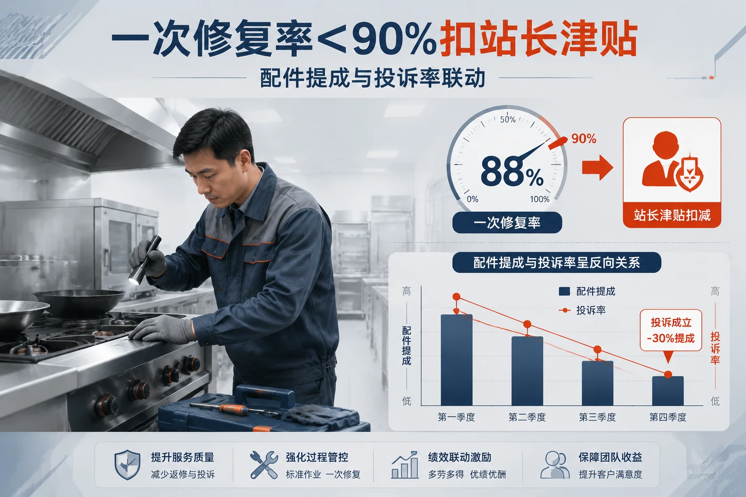 一次修复率<90%扣站长津贴，配件提成与投诉率联动