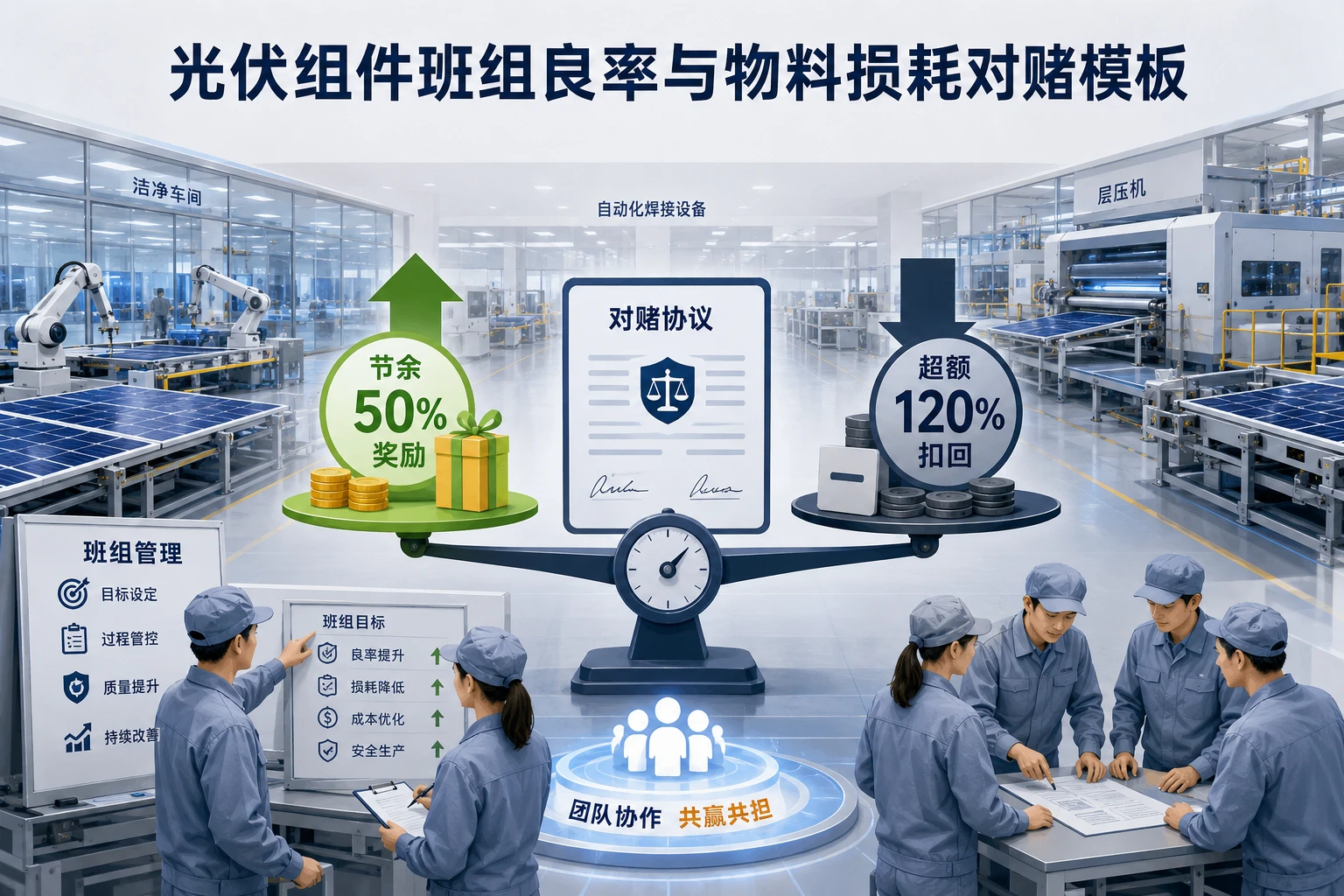 光伏组件班组良率与物料损耗对赌模板：节余50%奖励，超额120%扣回（2026年版）