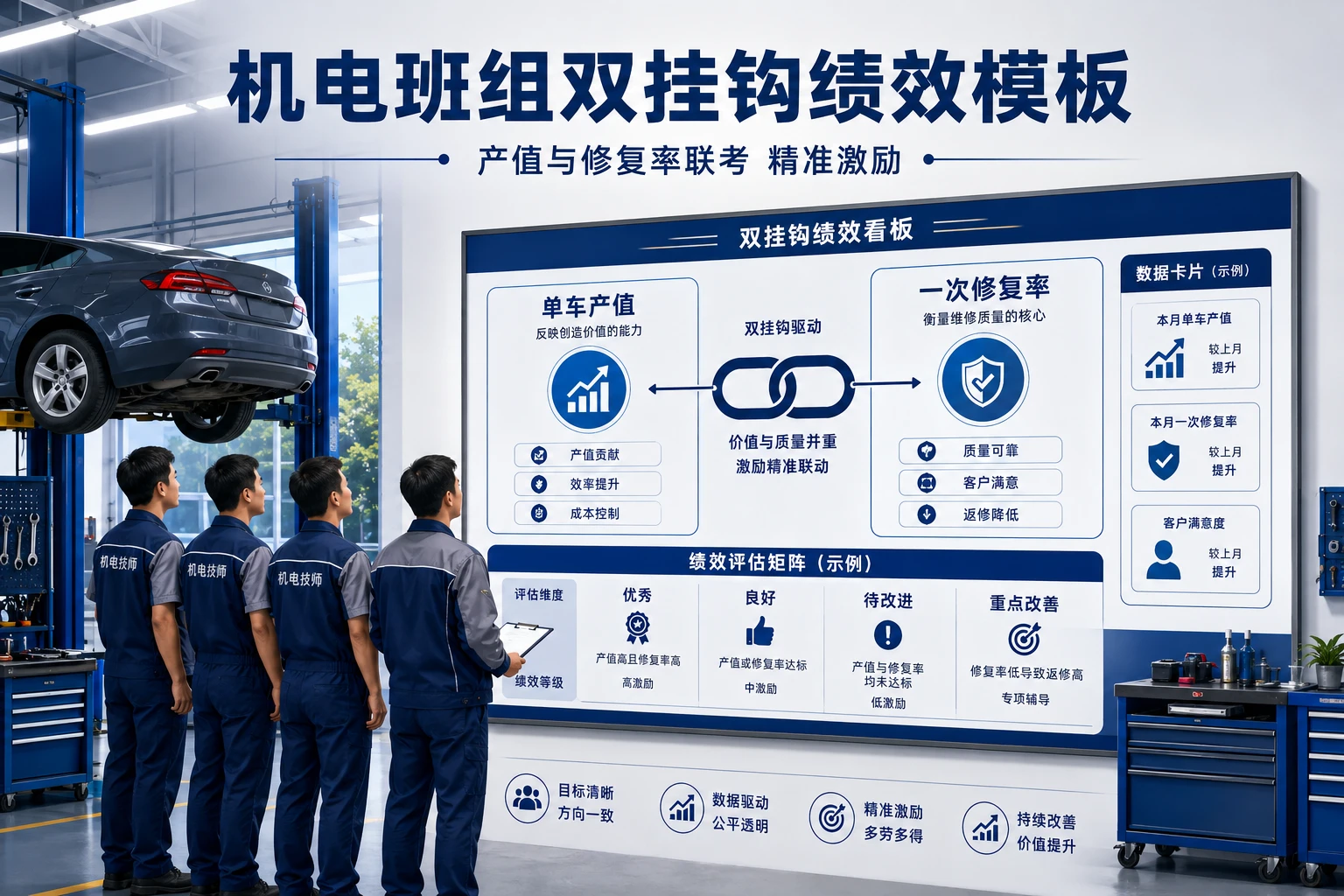 连锁门店机电班组单车产值与一次修复率双挂钩绩效模板