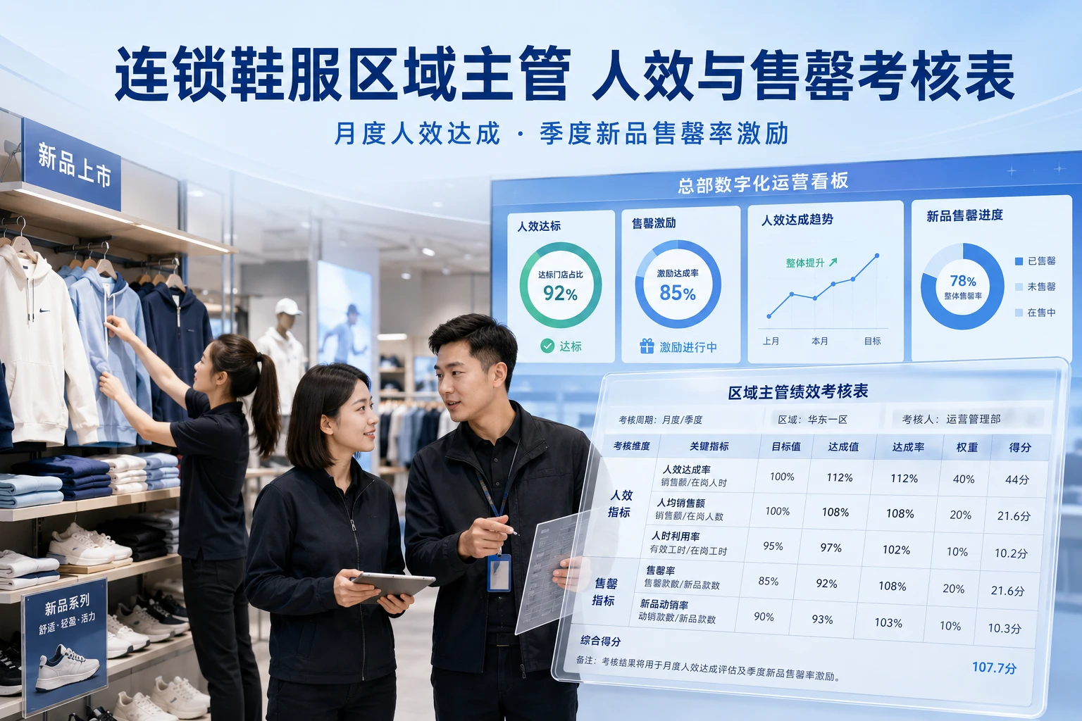 连锁鞋服区域主管月度绩效人效售罄考核表及激励规则
