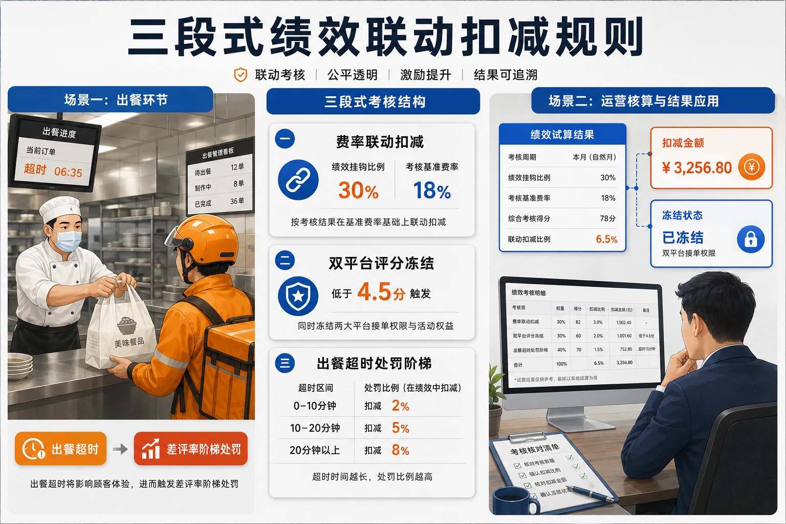 连锁餐饮外卖运营经理绩效表单：平台费率超标扣减与双平台差评冻结模板