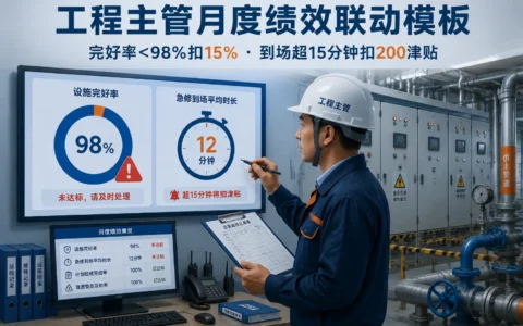 工业园区工程主管月度绩效联动模板：设施完好率低于98%扣减15%与急修到场扣减规则