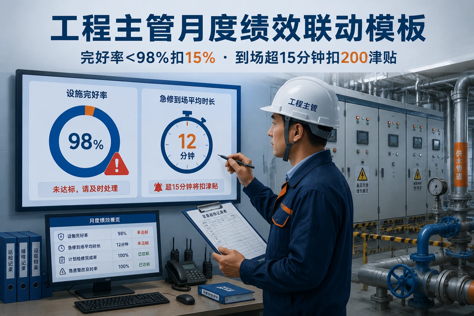 工业园区工程主管月度绩效联动模板：设施完好率低于98%扣减15%与到场时效奖惩规则