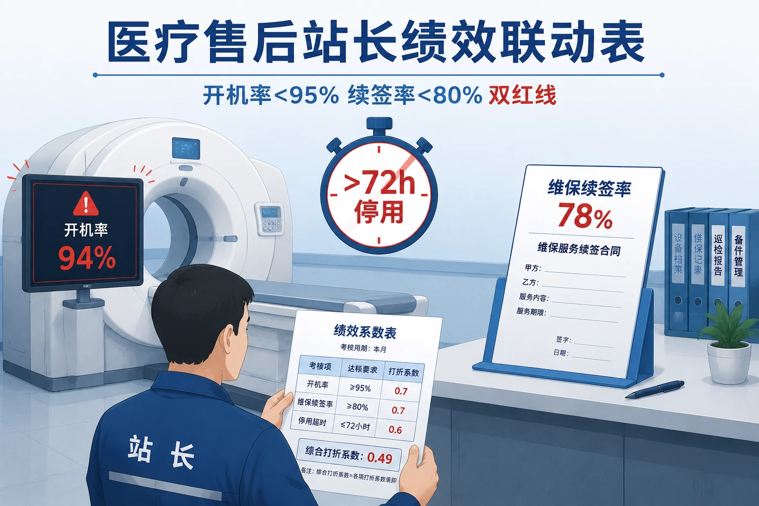医疗售后站长绩效联动表:开机率<95%续签率<80%双红线