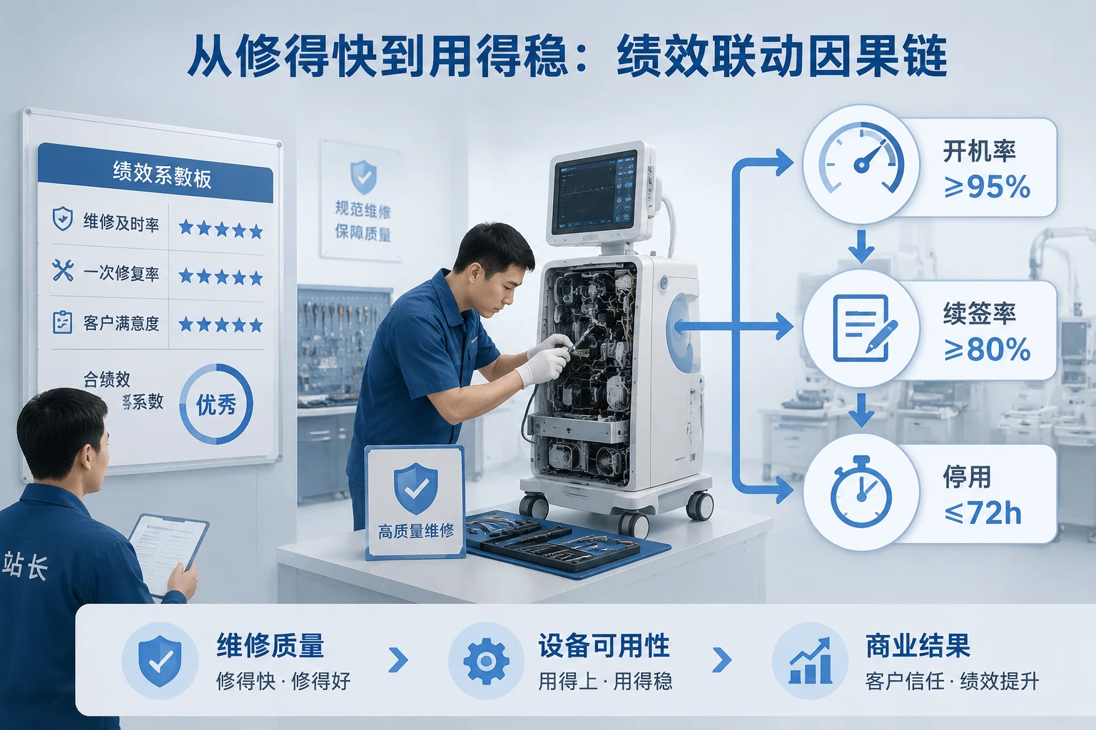 医疗售后站长绩效联动表:开机率<95%续签率<80%双红线