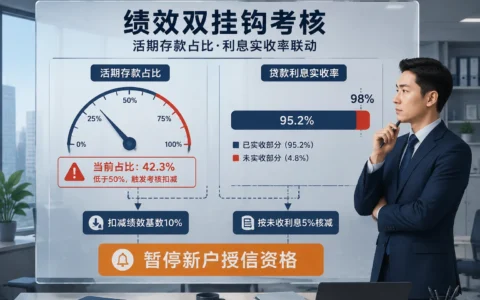 城商行对公客户经理绩效双挂钩考核表：活期存款占比低于50%扣减10%与利息实收率联动规则