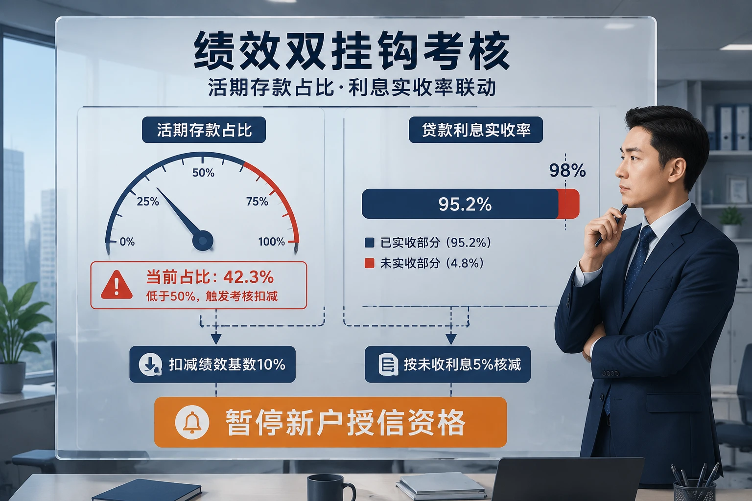 对公客户经理绩效双挂考核表：活期存款占比低于50%扣减10%与利息实收率联动规则